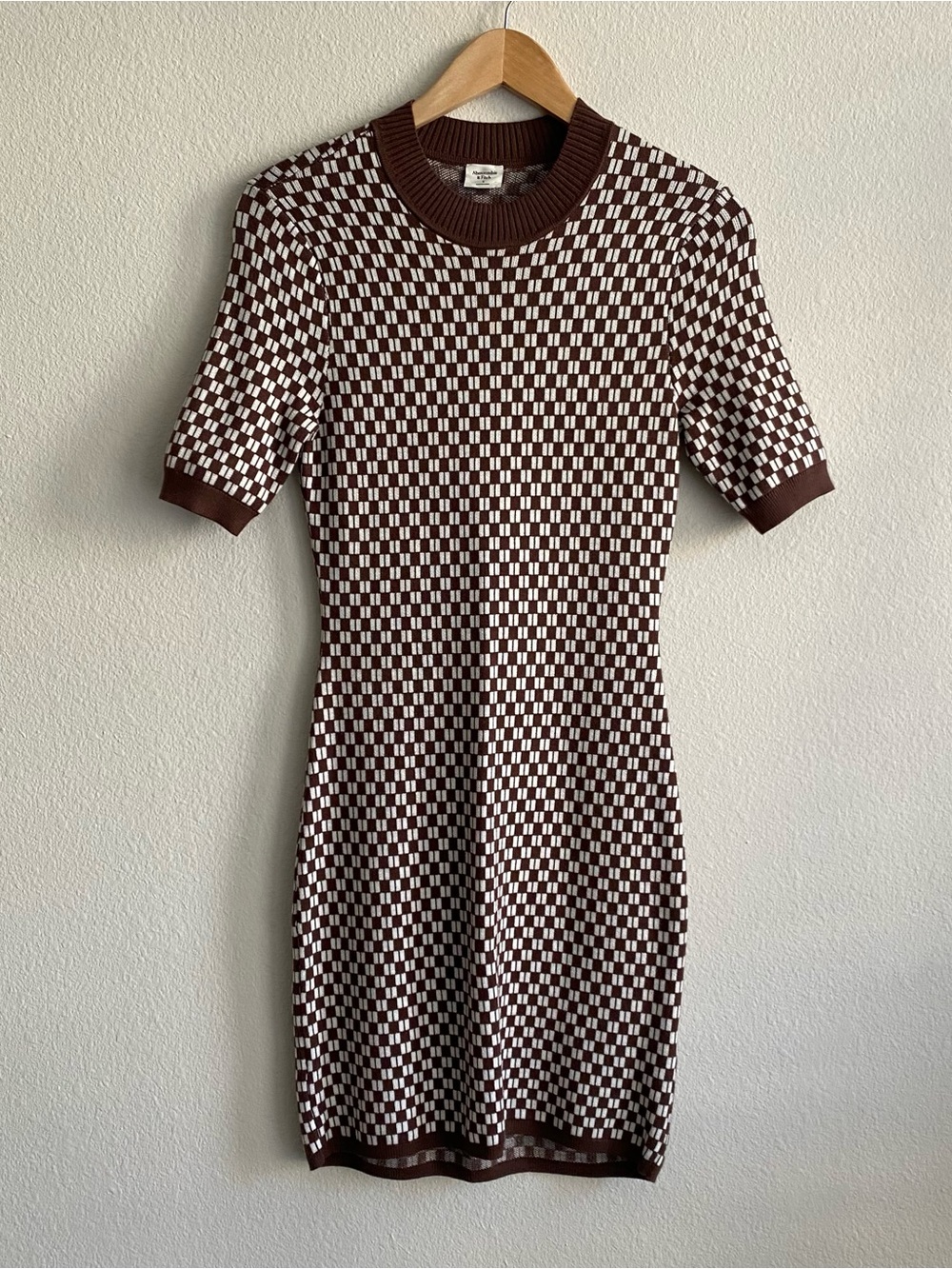Abercrombie & Fitch Brown and White Checker Knit Mini Knit Sweater Dress bodycon